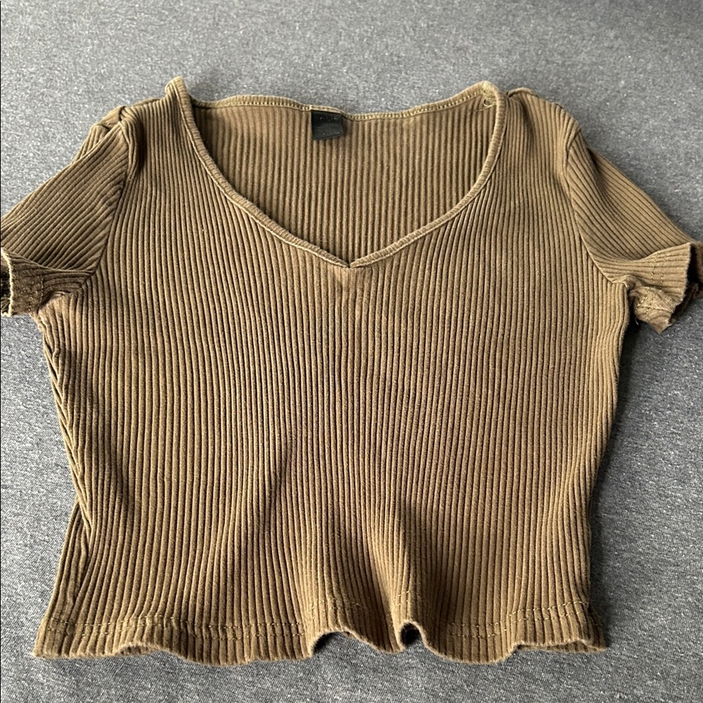 Brown Ribbed V-Neck Crop Top